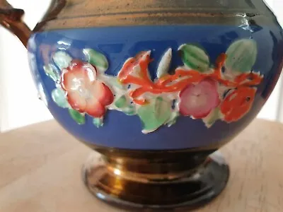 Buy Colourful Floral Decorated Jug Blue With Copper Colour Glaze Ceramic Pottery • 5£