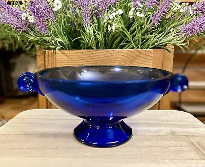 Buy Vintage Cobalt Blue Depression Glass Bowl Footed With Scroll Handles • 13.27£