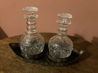 Buy Three Vintage Sherry And/or Port Glass Decanters With Vintage Two Decanter Stand • 20£