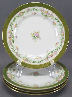 Buy Set Of 4 Ahrenfeldt Limoges Floral Green & Gold 8 1/4 Inch Plates C.1894-1930s • 94.99£