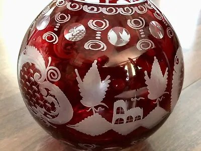 Buy Vintage Bohemian? Etched Clear Dark Red Crystal Glass Czech? Cranberry 5” • 24.07£