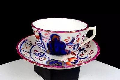 Buy Gaudy Welsh Staffordshire Fluted Porcelain Oyster 2.25  Cup & Saucer 1850s • 38.33£