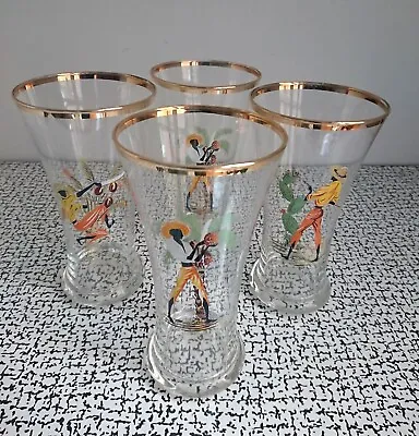 Buy 50s 60s Retro Vintage Coconut Trees Tall Cocktail Drinking Glasses Set MCM Gold • 25£