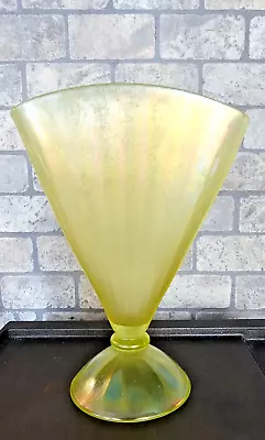 Buy Vintage Vaseline Topaz Iridescent Stretch Glass Rib Optic Fan Vase GLOWS • 86.02£