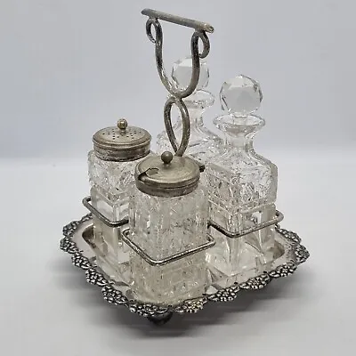 Buy Cruet Set 4 Piece Cut Glass Jars Bottles In Stand Vintage Silver Plate • 29.99£