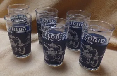 Buy Vintage 1950's Florida Drinking Glass Set, 6, Clear W/ Blue, White 6oz Flamingos • 15.25£