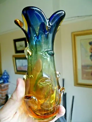 Buy Vintage Czech Bohemian Jan Beranek Skrdlovice Blown  Cobalt And Amber Glass Vase • 60£