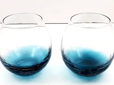 Buy Pier1 Stemless Wine Teal Blue Crackle Glass 2 Count • 66.51£