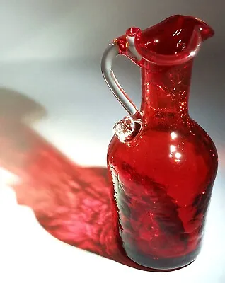 Buy Ruby Red Crackle Glass Cruet Pitcher Bud Vase W/ Attached Clear Handle 5.5  Tall • 20.14£