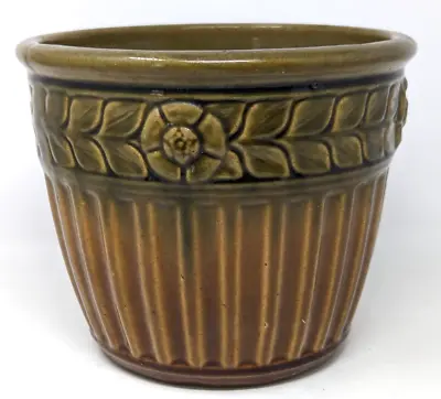 Buy Antique Floral Majolica Pottery Green Brown Jardiniere Planter Pot Vase F24 • 72.20£