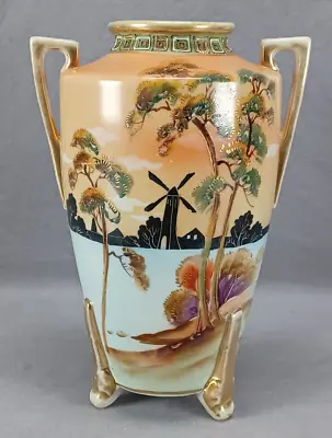 Buy  Nippon Hand Painted Black Windmall Orange & Blue Landscape Raised Gold Vase  • 119.88£