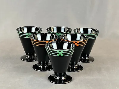Buy 6 Art Deco Black Glass 3 Oz Footed Tumblers Barware: MINT • 82.03£