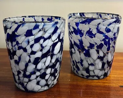 Buy Two (2) Heavy Pretty White & Cobalt Blue Confetti Art Glass 4  Tumblers • 20.87£