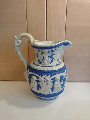 Buy Meigh & Son Hanley Blue White Staffordshire Four Seasons Relief Moulded Jug 1852 • 50£