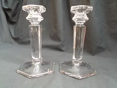 Buy Vintage Pair Clear Pressed Glass Hexagonal Column Tapered Candle Holders 6 3/4in • 18£