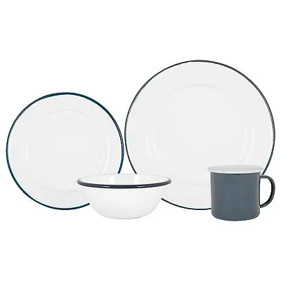 Buy 16pc White Enamel Dinnerware Set Steel Outdoor Camping Plates Bowls Mugs Navy • 36£