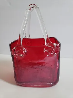 Buy Art Glass Hand Blown Vase Purse Handbag Crackle Glass Red Ruby Murano Style 7  • 14.22£
