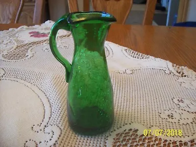 Buy Green Small Vintage Hand Blown Handled Crackle Art Glass Pitcher • 18£