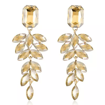 Buy Champagne Crystal Leaf Shaped Drop Gold Plated Diamante Dangle Earrings • 6.99£