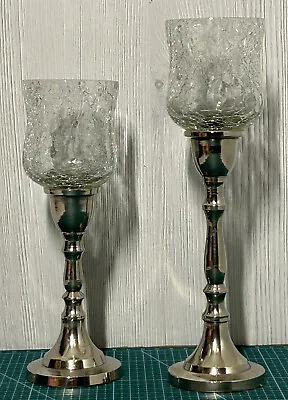 Buy Pair Of Crackle Glass Candleholder With Silver Colour Stand • 19.99£