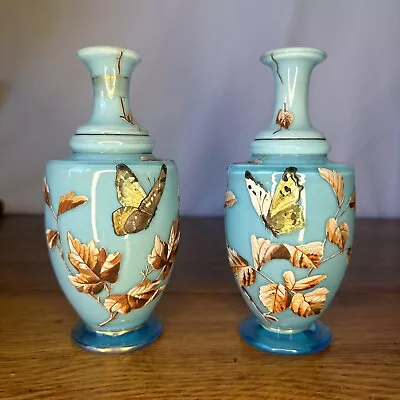 Buy Antique Harrach Painted Butterfly Turquoise Vases 19th Bohemian Numbered 102 743 • 512.96£