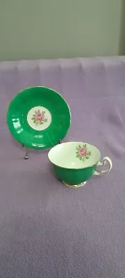 Buy Adderley Fine Bone China England Cup And Saucer Green With Pink Rose • 18.02£