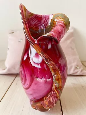 Buy Stunning Vintage Art Glass Vase. Signed Valletta Red Pink Orange Swirl • 39£