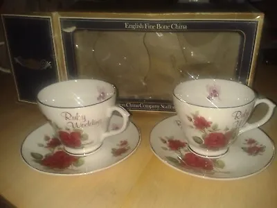 Buy Vintage Fenton Fine Bone China Ruby Wedding 2 Saucer & Teacups Set.(D25) • 14.99£