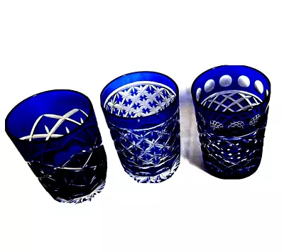 Buy Edo Kiriko Czech Bohemian Glass~Cobalt Blue Glass Set Of 3 Vintage Mid Century • 94.95£