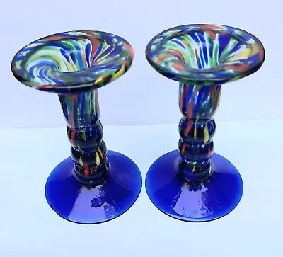 Buy Hand Blown Glass Candlestick Holders Taper Candle Green And Blue Swirl Art Glass • 27.81£