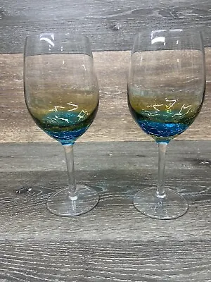 Buy Pier 1 Imports Hand Blown Teal Blue Amber Crackled 16oz Wine Glasses 9” H~2 Pc • 52.02£