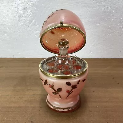 Buy Antique Czech Bohemian Pink Glass Egg Decanter Tantalus Set Coralene Decoration • 59.95£