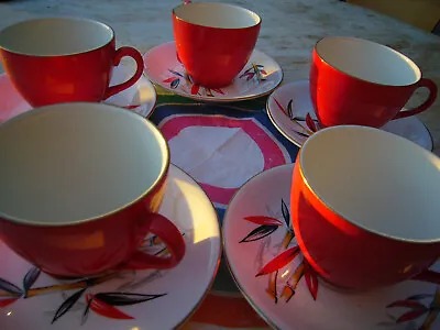 Buy Tea Cups & Saucers X 5 Vintage Alfred Meakin Bamboo Red Cups • 15£