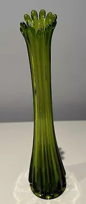 Buy Vintage Green Glass Swung Stretch Vase Mid-Century Modern (MCM) Ribbed 12 Finger • 25£