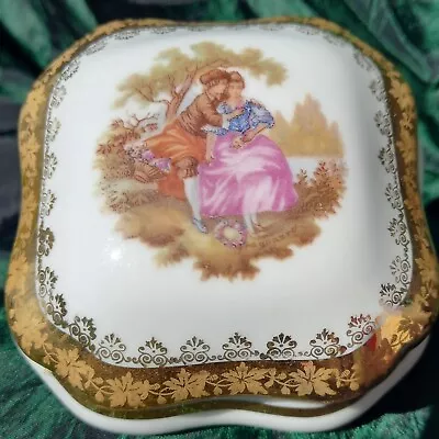 Buy LIMOGES French Porcelain Lidded Trinket Pot Square Fragonard Romantic Gilt Edged • 6.20£