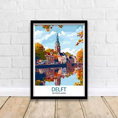 Buy Delft Netherlands Travel Poster Historic City Art Blue Pottery Print • 181£