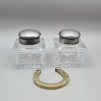 Buy Pair Of Royal Brierley Cut Crystal Glass Inkwell With Silver Plated Hinged Lids • 35£