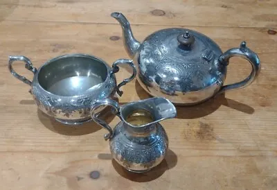 Buy Pretty Antique  Silver Plated 3 Piece Tea  Set Teapot Sugar Cream With Etching • 9.99£