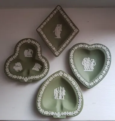 Buy Wedgewood Jasperware Heart Spade Diamond Clubs Shaped Ceramic White On Green X 4 • 22£