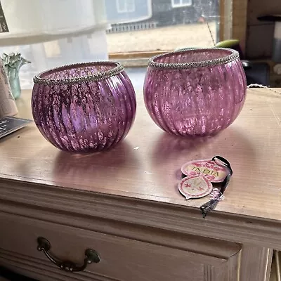 Buy Artisan, Pink Glass, Pair Candle Holders Made In India • 10£