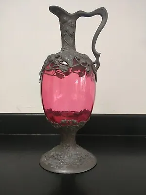 Buy Vintage Pewter Glass Jug Cranberry Red/Pink 32cm High • 80£