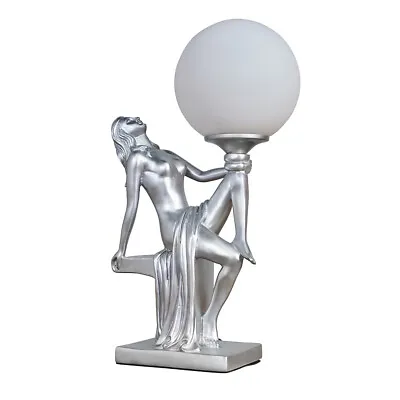 Buy Art Deco Table Lamp 37.5CM Tall Woman Holding Frosted Glass Globe Light LED Bulb • 33.29£