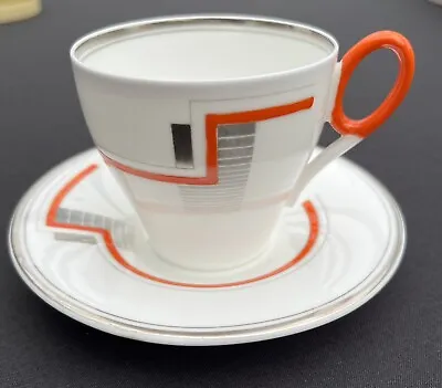 Buy Shelley Art Deco Tea Cup And Saucer Pattern 12316, Orange, Grey And Silver • 29.99£