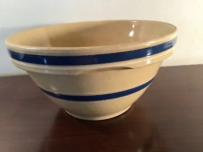 Buy Antique Yellow Ware 8”Bowl Blue Band White Stripe Scalloped Pottery, Stoneware • 42.53£