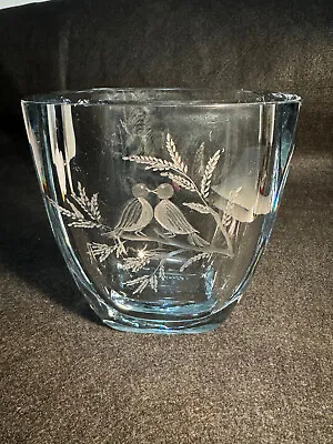 Buy Swedish Crystal Glass Lt Blue Tint Vase Engraved Birds Sovansson 1966 Markystore • 144.11£