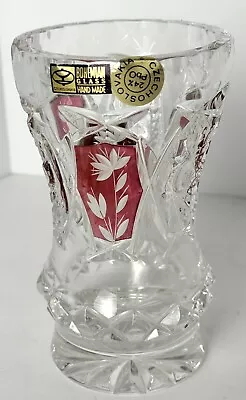 Buy Vintage Hand Made  Czech BOHEMIAN GLASS Ruby Cut To Clear  VASE 5.5” • 31.07£