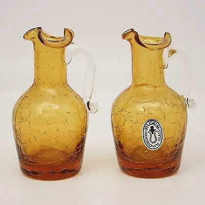 Buy Vtg Set Of 2 Pilgrim Glass Handcrafted Amber Crackle Pitcher Vase Ruffle Top • 18.92£
