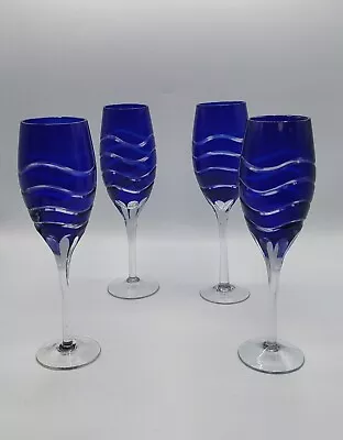 Buy 4 AJKA Wellen Bohemian Crystal Cut To Clear Cobalt Blue Champagne Flutes • 166.11£
