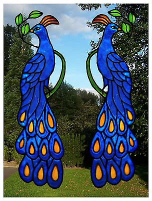 Buy Pair Of Peacocks Hand Painted Window Decor Stained Glass Effect Window Clings • 12£