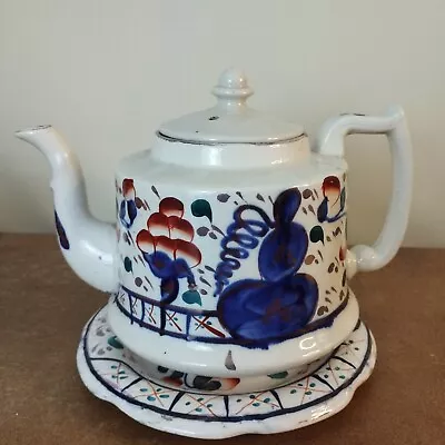 Buy Antique, 1870s, Staffordshire 'Gaudy Welsh' Teapot 'Oyster' Pattern • 22.95£
